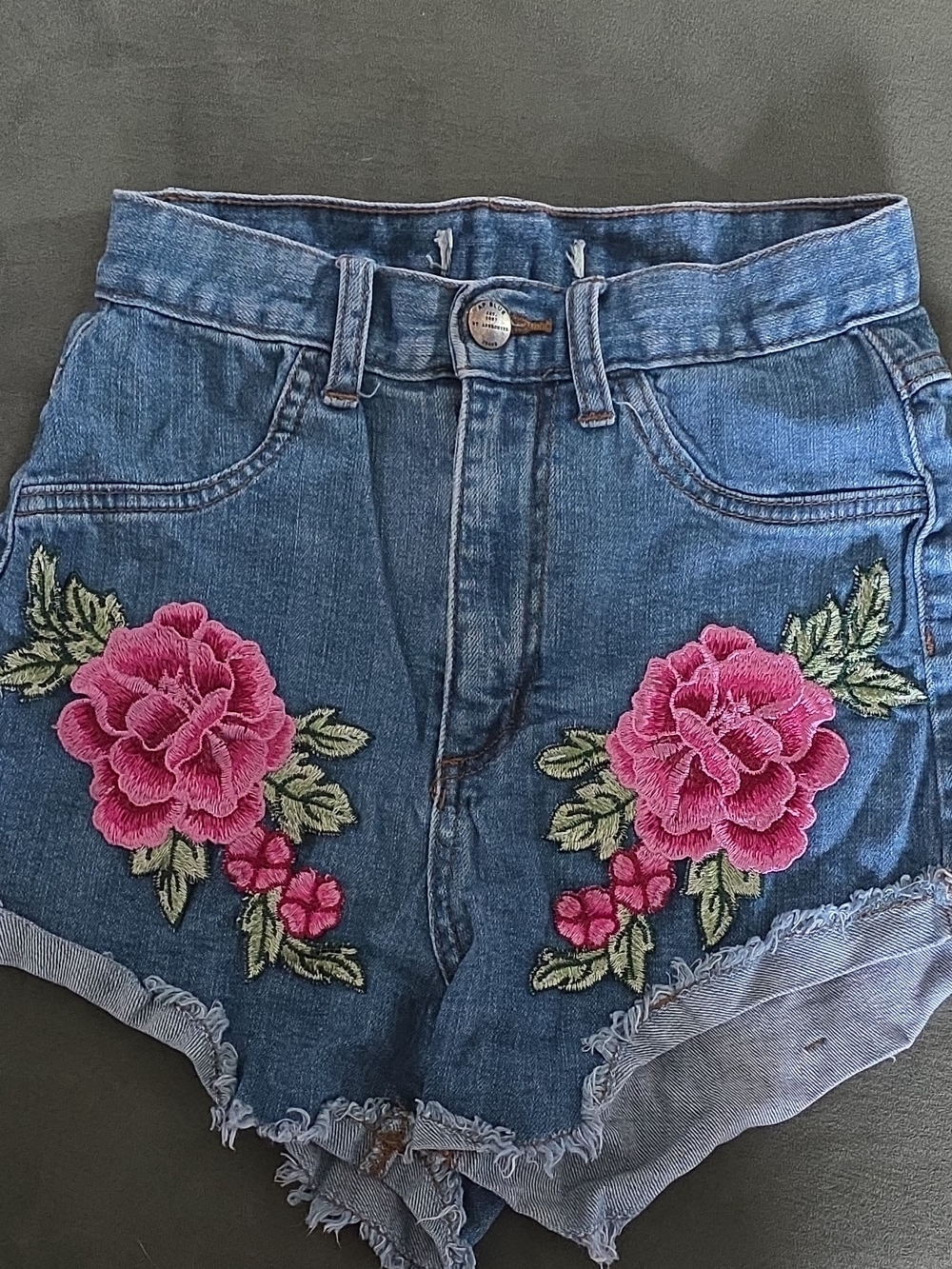 High-Rise Blue Denim Shorts with Pink Floral Embroidery